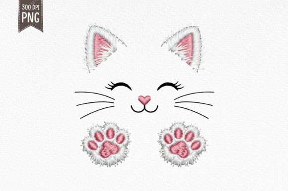 Cute Embroidery Cat Face with Paws PNG