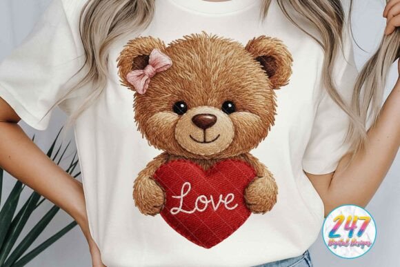 Valentine Teddy Bear Faux Embroidery PNG